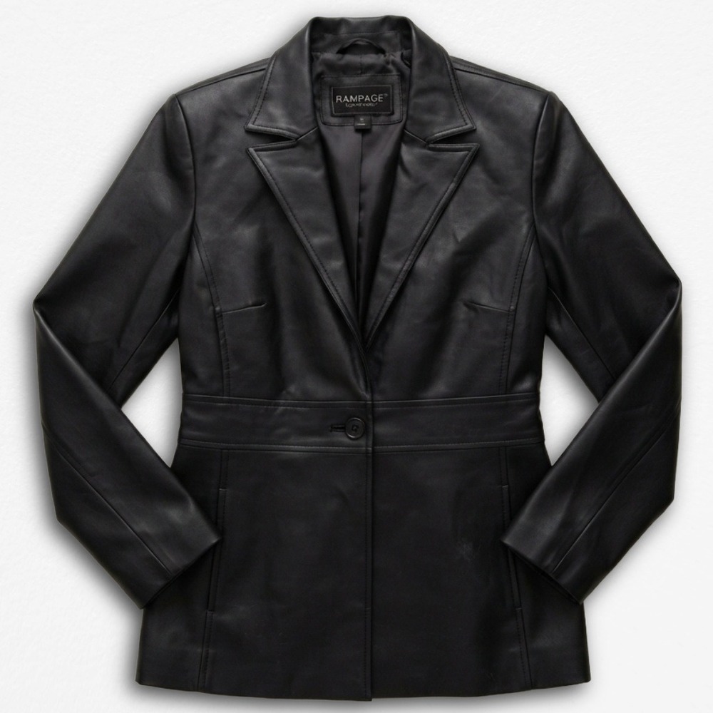 Vintage Rampage 90s Black Faux Leather Blazer Jacket Single‎ Button Medium